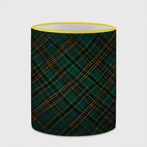 Кружка цветная Тёмно-зелёная диагональная клетка в шотландском ст / 3D-Желтый кант – фото 2