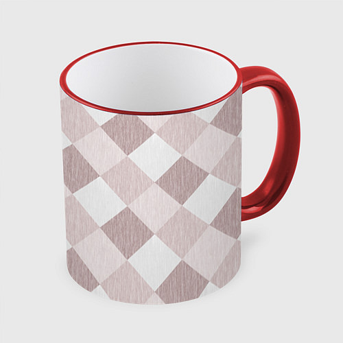 Кружка цветная Геометрический светло коричневый узор квадраты / 3D-Красный кант – фото 1