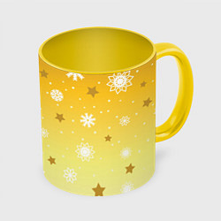 Кружка 3D Снежинки и звезды на желтом, цвет: 3D-белый + желтый