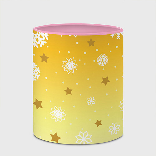Кружка цветная Снежинки и звезды на желтом / 3D-Белый + розовый – фото 2