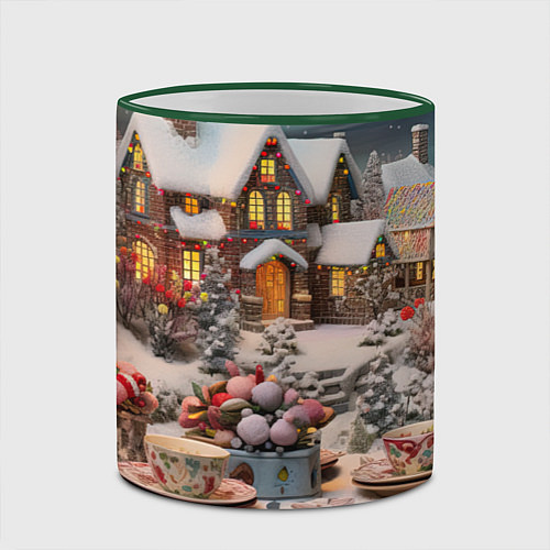 Кружка цветная Объемные новогодние домики / 3D-Зеленый кант – фото 2