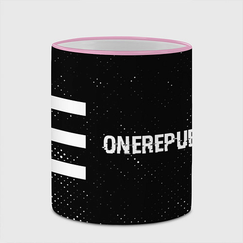 Кружка цветная OneRepublic glitch на темном фоне по-горизонтали / 3D-Розовый кант – фото 2