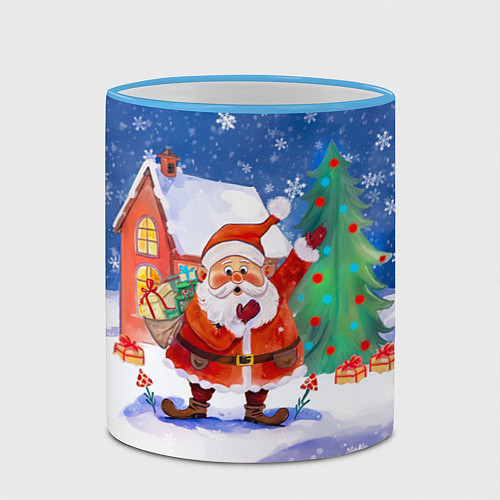 Кружка цветная Дед Мороз с мешком и елкой / 3D-Небесно-голубой кант – фото 2