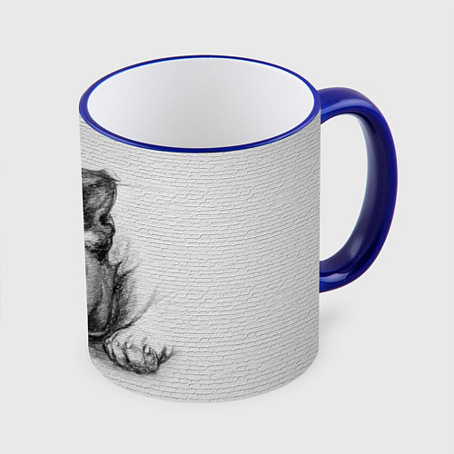 Кружка цветная Французский бульдог чб рисунок на стене / 3D-Синий кант – фото 1