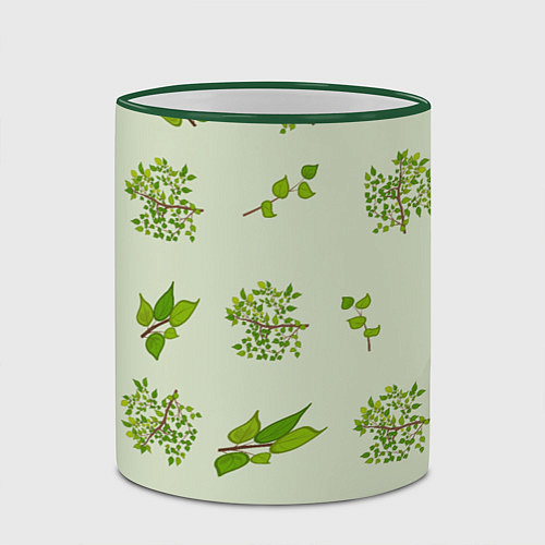 Кружка цветная Веточки с зелеными листьями растение / 3D-Зеленый кант – фото 2