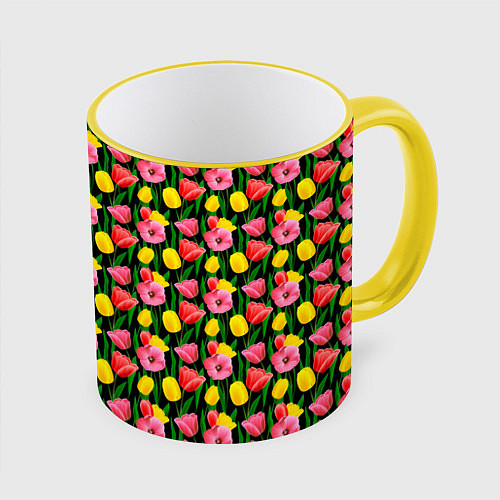 Кружка цветная Разноцветные тюльпаны / 3D-Желтый кант – фото 1