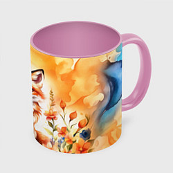 Кружка 3D Рыжая лиса с цветами акварелью, цвет: 3D-белый + розовый