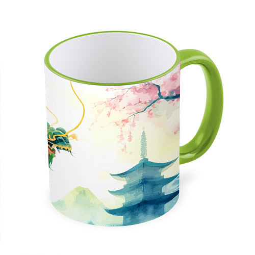 Кружка цветная Japanese dragon - watercolor art / 3D-Светло-зеленый кант – фото 1