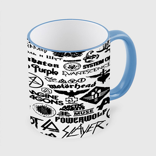 Кружка цветная Логотипы лучших групп черно белый / 3D-Небесно-голубой кант – фото 1