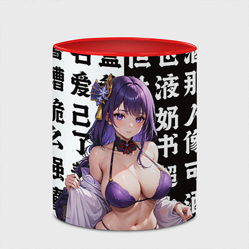 Кружка цветная Сегун Райден и иероглифы / 3D-Белый + красный – фото 2