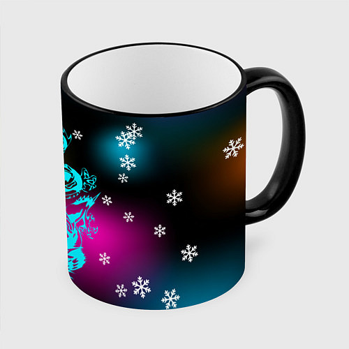 Кружка цветная Праздничный дракон и снежинки / 3D-Черный кант – фото 1