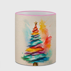Кружка 3D Новогодняя ель акварелью на холсте, цвет: 3D-розовый кант — фото 2