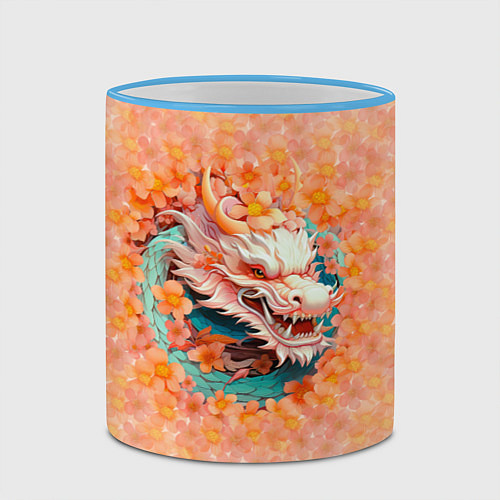 Кружка цветная Китайский дракон в розовых цветах / 3D-Небесно-голубой кант – фото 2