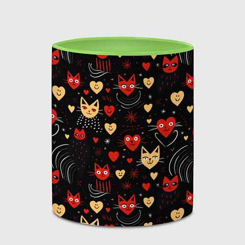 Кружка цветная Паттерн с сердечками и котами валентинка / 3D-Белый + светло-зеленый – фото 2