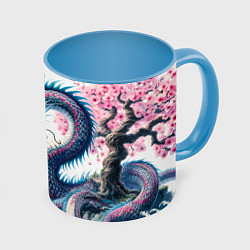 Кружка 3D Японский акварельный дракон - ирезуми, цвет: 3D-белый + небесно-голубой