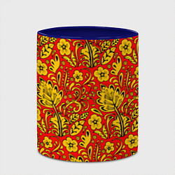Кружка 3D Хохломская роспись золотистые цветы на красном фон, цвет: 3D-белый + синий — фото 2