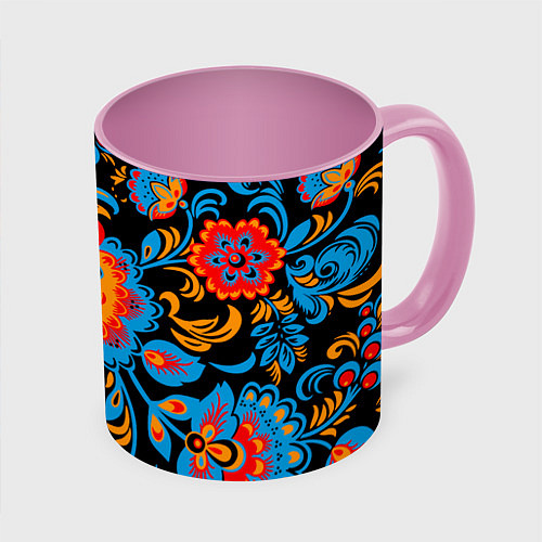 Кружка цветная Хохломская роспись разноцветные цветы на чёроном ф / 3D-Белый + розовый – фото 1
