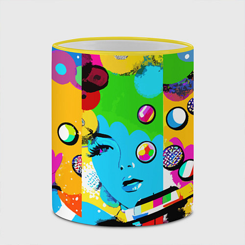 Кружка цветная Girls face - pop art / 3D-Желтый кант – фото 2