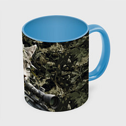 Кружка 3D Кот снайпер в камуфляже, цвет: 3D-белый + небесно-голубой