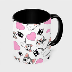 Кружка 3D Влюблённый котик аниме и сердечки, цвет: 3D-белый + черный