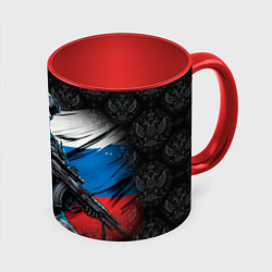 Кружка 3D Русский солдат на фоне флага, цвет: 3D-белый + красный