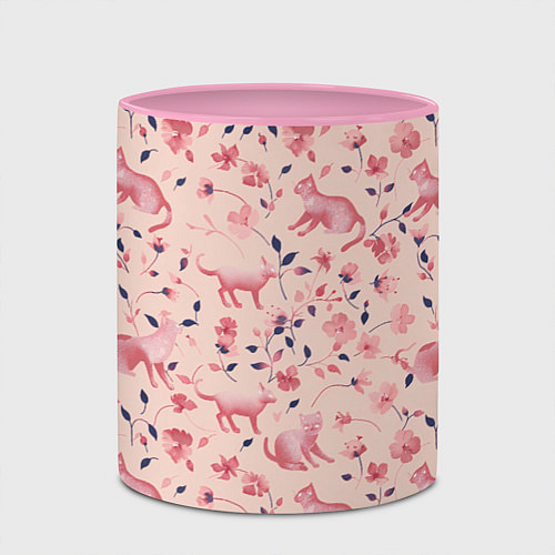 Кружка цветная Розовый паттерн с цветами и котиками / 3D-Белый + розовый – фото 2