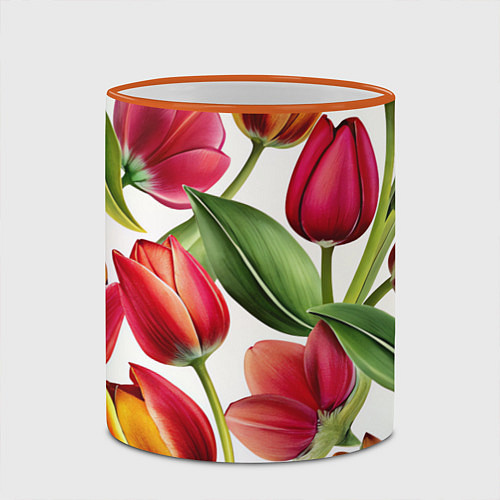 Кружка цветная Паттерн с тюльпанами / 3D-Оранжевый кант – фото 2