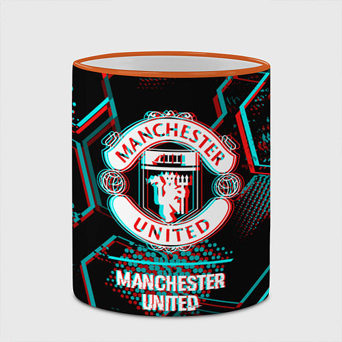Кружка цветная Manchester United FC в стиле glitch на темном фоне / 3D-Оранжевый кант – фото 2