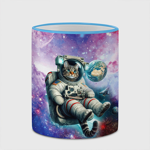 Кружка цветная Brave cat in space - ai art / 3D-Небесно-голубой кант – фото 2