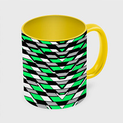 Кружка 3D Зелёные четырёхугольники на белом фоне, цвет: 3D-белый + желтый
