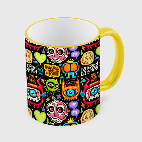 Кружка цветная Feel good every day motivation monsters pattern / 3D-Желтый кант – фото 1