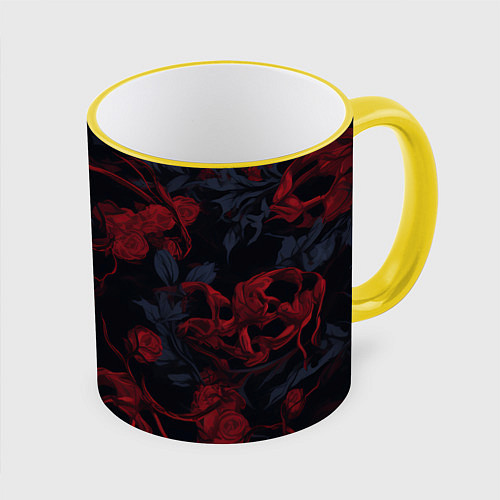 Кружка цветная Черепа и алые розы / 3D-Желтый кант – фото 1
