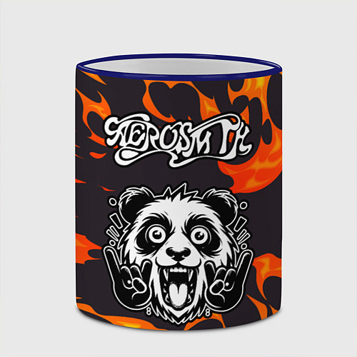 Кружка цветная Aerosmith рок панда и огонь / 3D-Синий кант – фото 2