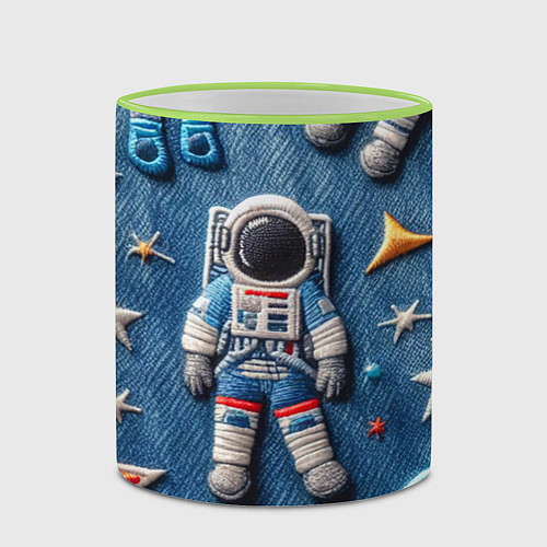 Кружка цветная Космонавт - вышивка по джинсе нейросеть / 3D-Светло-зеленый кант – фото 2