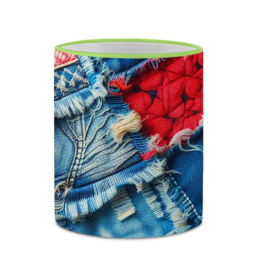 Кружка цветная Авангардный джинсовый пэчворк - нейросеть / 3D-Светло-зеленый кант – фото 2