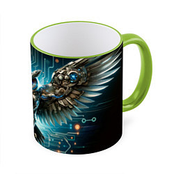 Кружка 3D Величественная кибернетическая сова на фоне футури, цвет: 3D-светло-зеленый кант