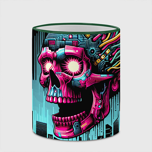 Кружка цветная Cyber skull - ai art fantasy / 3D-Зеленый кант – фото 2