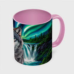 Кружка 3D Серый волк стоящий перед водопадом под северным си, цвет: 3D-белый + розовый