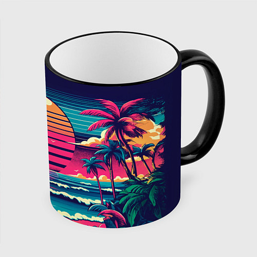 Кружка цветная Закат на пляже vaporwave / 3D-Черный кант – фото 1