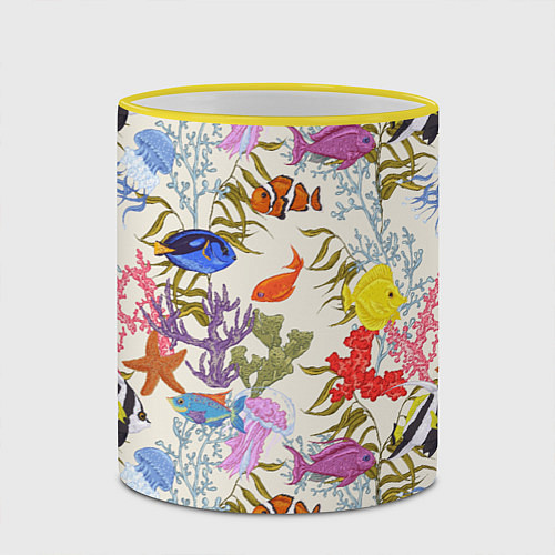 Кружка цветная Морские обитатели моря / 3D-Желтый кант – фото 2