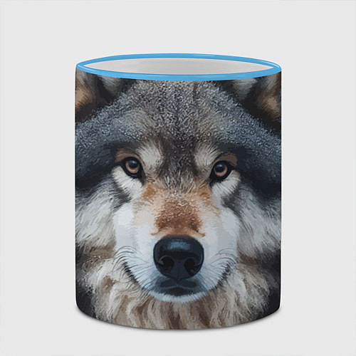Кружка цветная Волк в лесу - первый снег / 3D-Небесно-голубой кант – фото 2