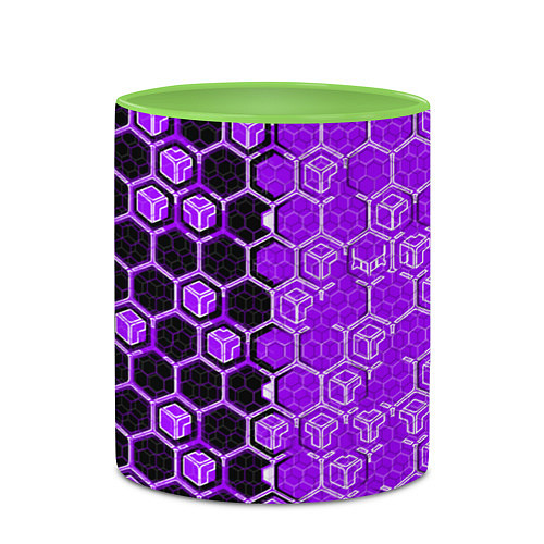 Кружка цветная Техно-киберпанк шестиугольники фиолетовый и чёрный / 3D-Белый + светло-зеленый – фото 2