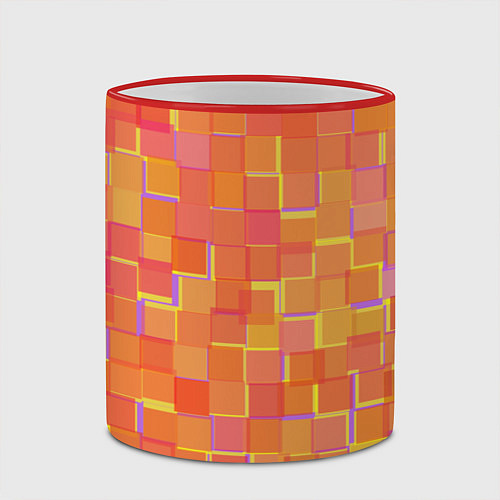 Кружка цветная Россыпь оранжевых квадратов / 3D-Красный кант – фото 2