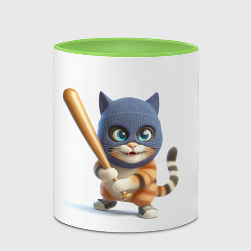 Кружка цветная Прикольный котёнок с бейсбольной битой и в балакла / 3D-Белый + светло-зеленый – фото 2