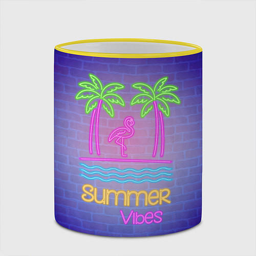 Кружка цветная Неоновые пальмы и фламинго summer vibes / 3D-Желтый кант – фото 2