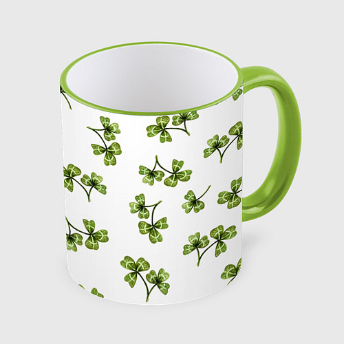 Кружка цветная Листочки клевера на белом фоне - паттерн / 3D-Светло-зеленый кант – фото 1