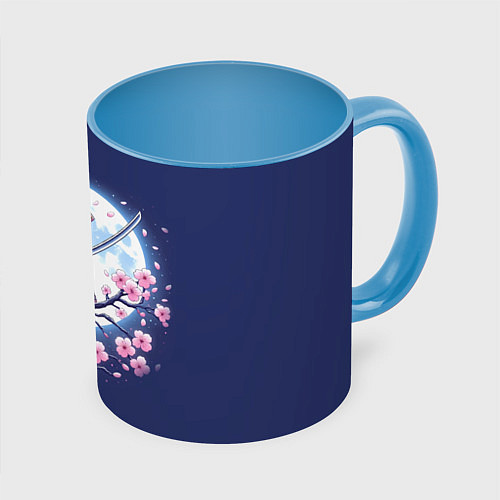 Кружка цветная Котёнок самурай - цветущая сакура / 3D-Белый + небесно-голубой – фото 1