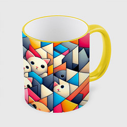 Кружка 3D Geometric pattern with kittens - ai art, цвет: 3D-желтый кант