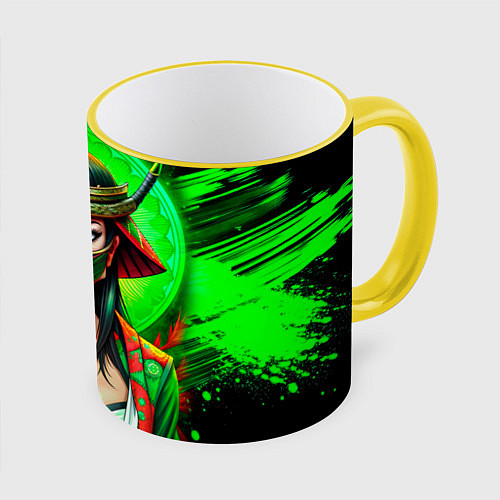 Кружка цветная Девушка самурай в зеленой маске / 3D-Желтый кант – фото 1