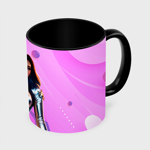 Кружка цветная Девушка с большой грудью в блестящем костюме / 3D-Белый + черный – фото 1